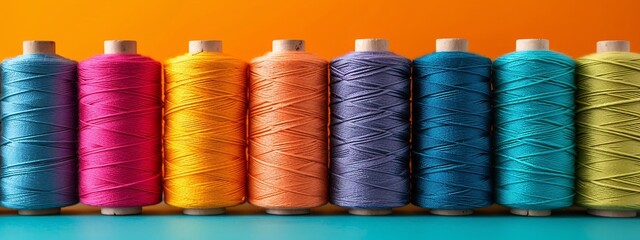 A vibrant arrangement of various thread spools showcasing a rainbow of colors, perfect for textiles and craft enthusiasts.