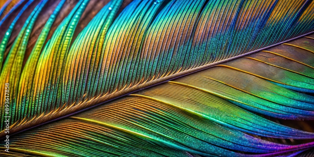 Poster exquisite intricate details of iridescent bird feather barbules, mesmerizing patterns and textures r