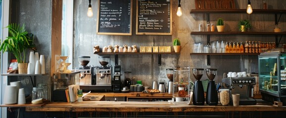 Charming coffee shop interior with a vintage touch, featuring a rustic bar counter, coffee machines, and warm ambient lighting. wide web banner