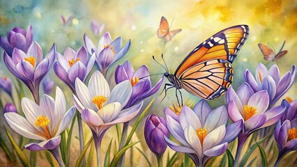 Vibrant watercolor painting of delicate saffron flowers in soft hues, with a monarch butterfly perched on a petal, showcasing intricate details and textures.