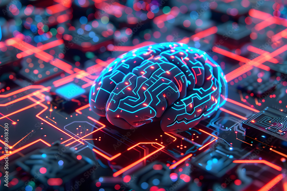 Poster neural circuit and electronic cyber brain in a quantum computing system, concept of artificial intel