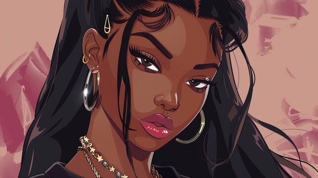 Cartoon virtual avatar of a Black woman, showcasing anime-style hair and jewelry.