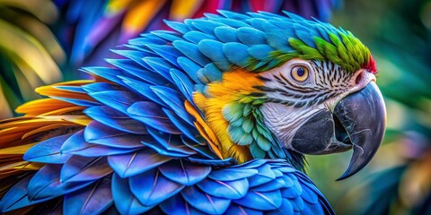 Fototapeta premium Vibrant blue and purple feathers of a stunning macaw are showcased in breathtaking detail, revealing intricate Patterns and textures of this majestic bird's plumage.