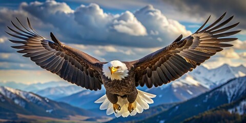 Majestic Bald Eagle Soaring Above Mountain Range with Cloudy Sky
