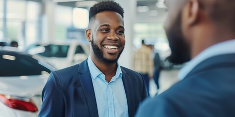 Obraz premium A car salesman explaining warranty options and maintenance services to a customer in a dealership service center