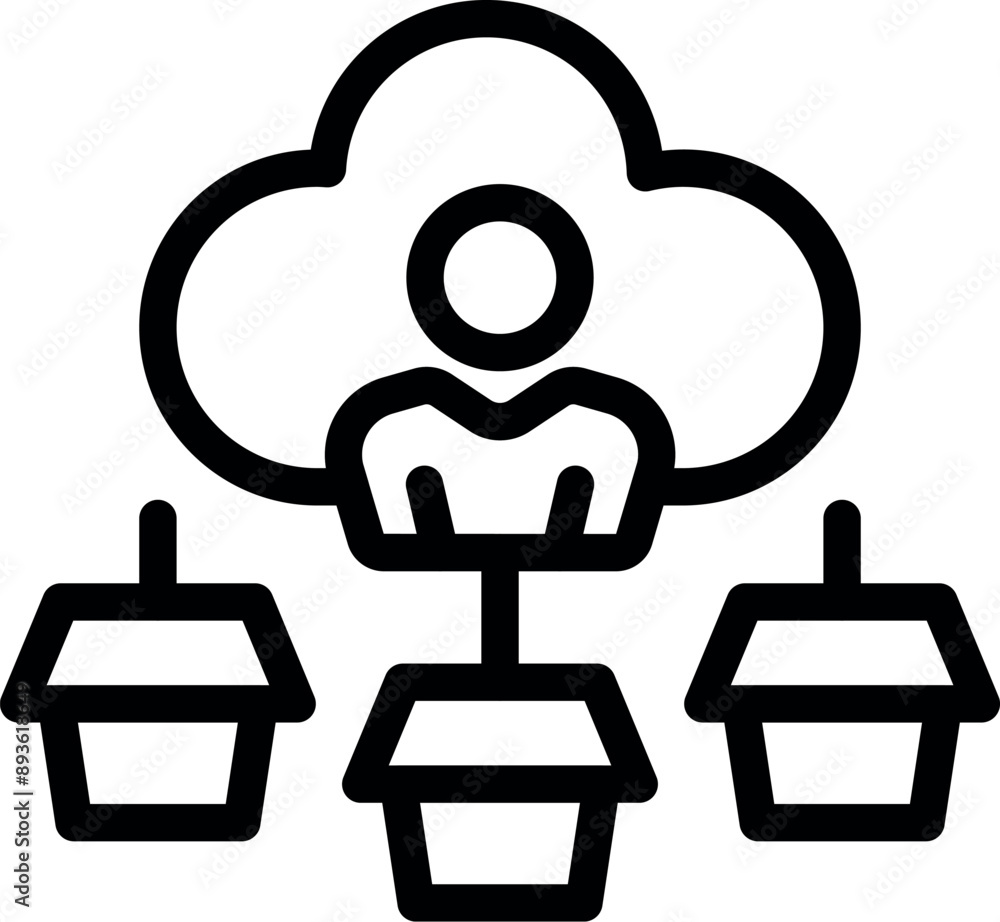 Poster line icon of a businessman managing a cloud computing network with connected devices, representing d