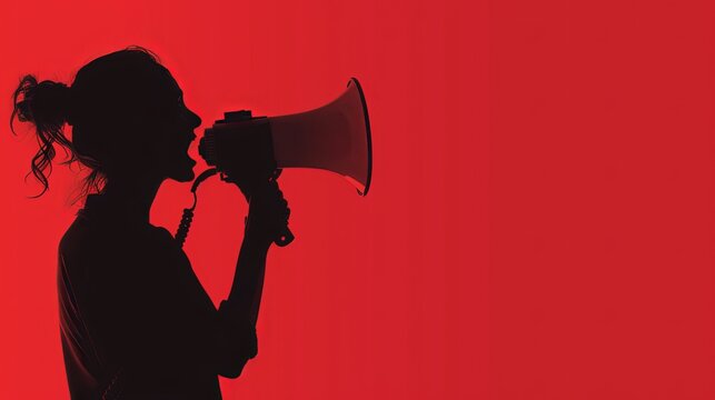 Silhouette of a person holding a megaphone with a solid ruby background - Powered by Adobe