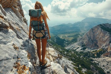 Naklejka premium An adventurer with long blonde hair, wearing climbing gear, stands on the edge of a rocky mountain, overlooking a vast valley and sky filled with clouds.