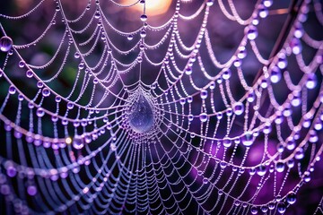 Fototapeta premium Ethereal close-up of a intricate spider web glistens with dew droplets, illuminated by soft purple hues against a mysterious dark background, exuding mystique and wonder.