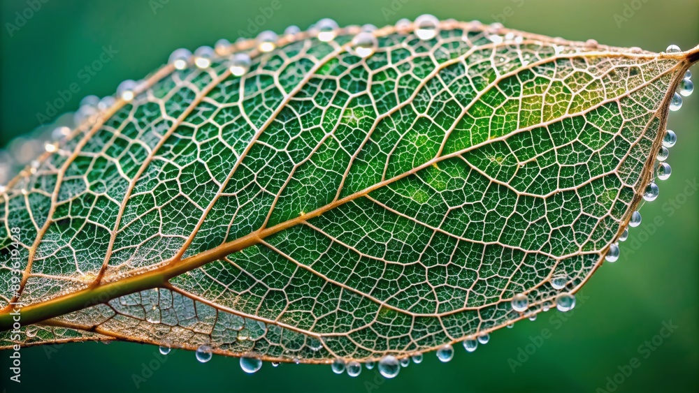 Poster delicate dew-kissed leaf skeleton showcases intricate vein network and cellular patterns in exquisit
