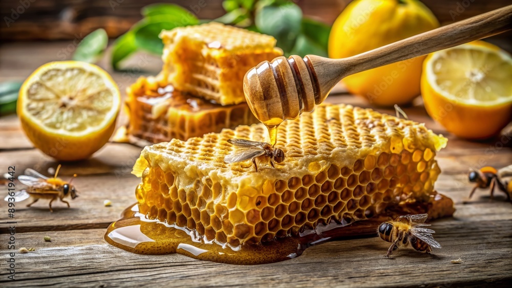 Poster golden honey drips from honeycomb cells surrounded by busy bees collecting nectar, next to a slice o