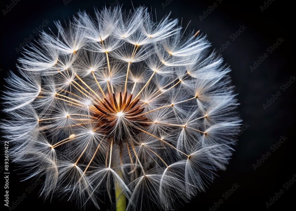 Poster dramatic closeup of a delicate white dandelion flower petals against a black background, creating a 