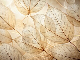 Delicate beige transparent leaves with intricate veins and soft natural texture serve as a serene abstract background, evoking a sense of botanical elegance and subtle beauty.