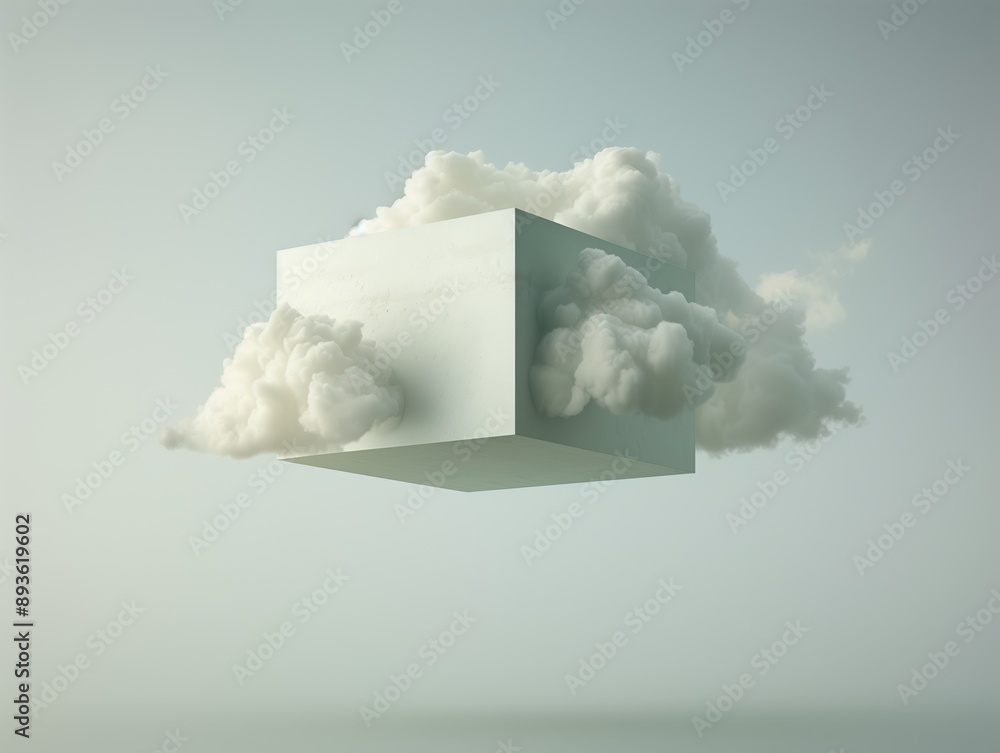 Poster white cube floating in clouds.