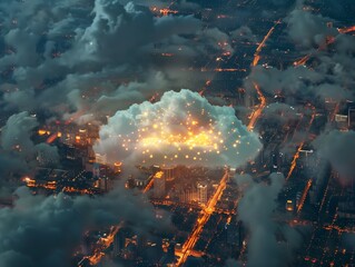 Cloud computing network over city at night.