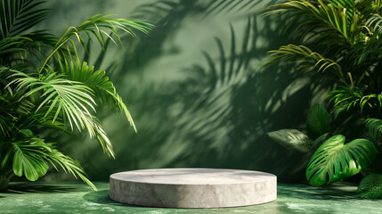 Simple and luxury marble empty podium for presenting eco-friendly cosmetics covered with tropical green leaves and plants