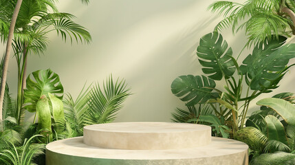 Simple and luxury marble empty podium for presenting eco-friendly cosmetics covered with tropical green leaves and plants