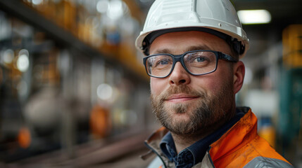 Close-up of a confident industrial worker wearing a hard hat and glasses, highlighting professionalism and workplace safety.