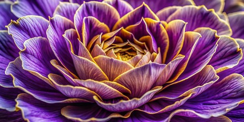 Vibrant purple petals with intricate veins and delicate ruffled edges unfold from a golden yellow center, showcasing nature's exquisite beauty in macro detail.