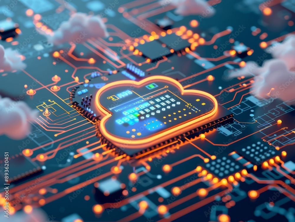 Poster cloud computing, circuit board, data storage.