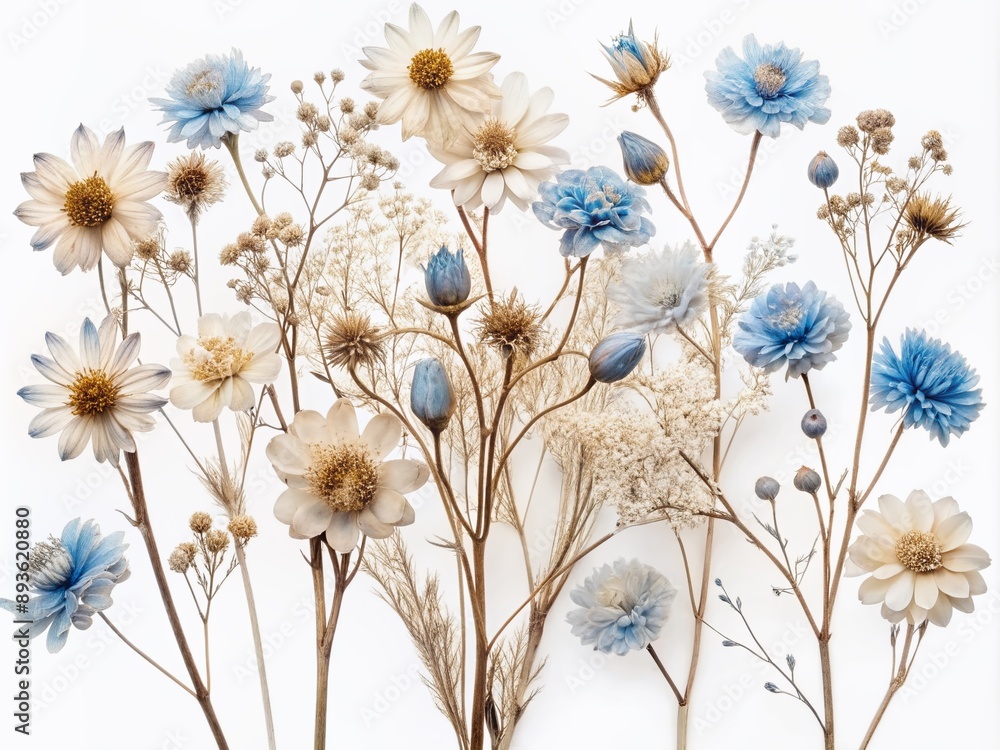 Poster delicate white and blue dried flowers with subtle texture and soft petals isolated on a transparent 