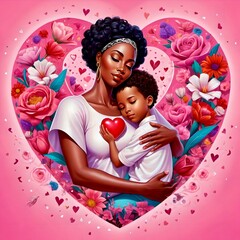 A realistic Latin (Hispanic) mother embraces her son surrounded by flowers and hearts, a surreal image that impacts the viewer and features bright colours on a pink background