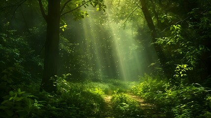 Trekking Through Enchanting Mystical Forest With Vibrant Greenery and Sunlight Filtering