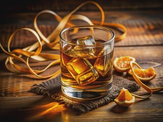 A solitary glass of amber whiskey with clinking ice cubes, garnished with a twisted ribbon of citrus peel, sits isolated on a polished wooden counter.