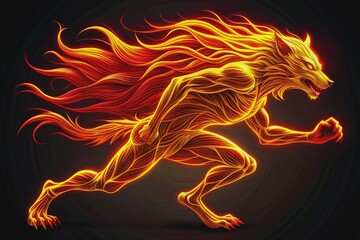 Vibrant red and yellow glowing line art depicts a dynamic anthropomorphic werewolf with flowing long hair, running freely, conveying a sense of wild, untamed energy.