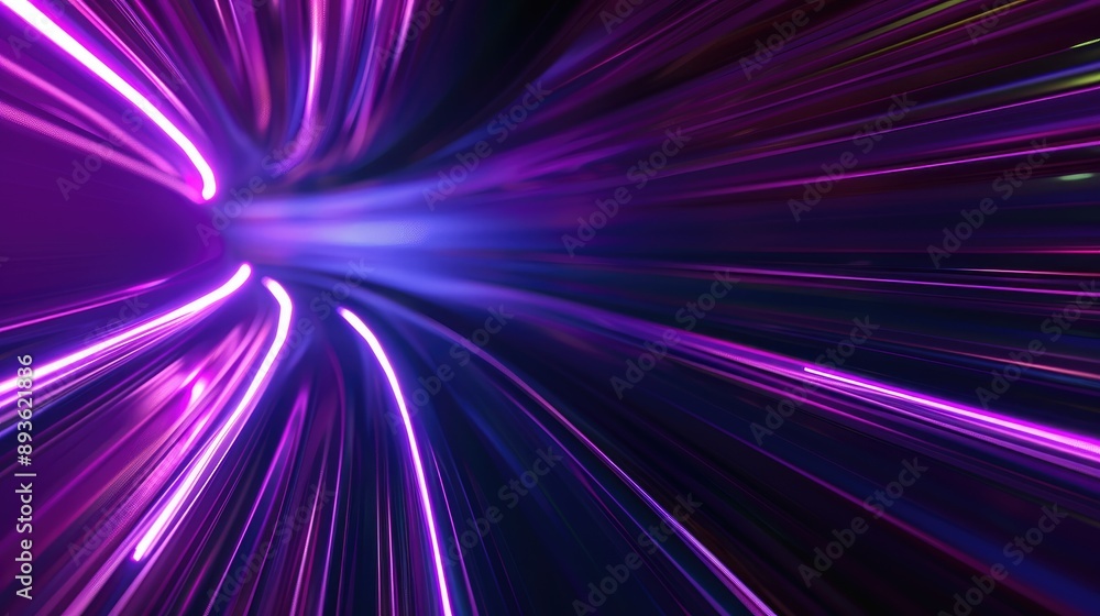 Poster purple-blue light lines through dark background in a 3d render, creating a high-speed warp effect.