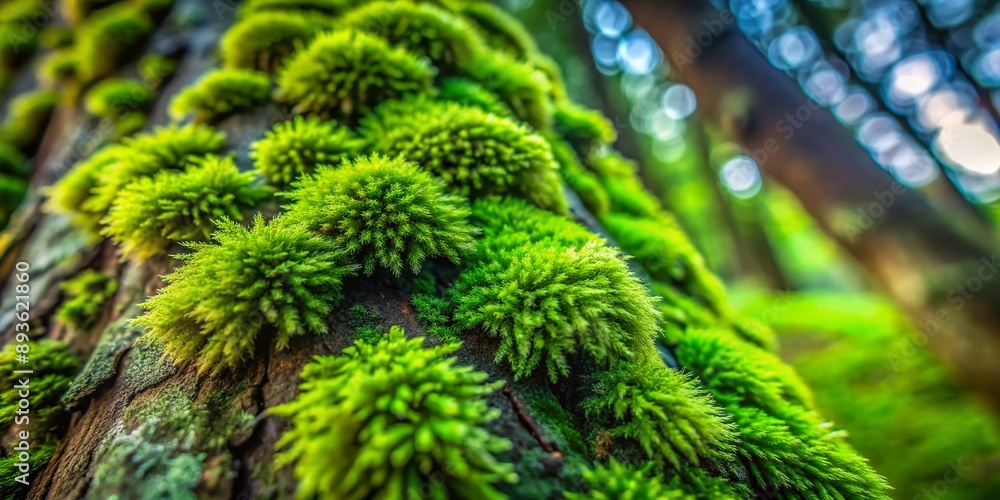 Poster vibrant green moss with intricate patterns and detailed texture grows on a tree trunk, highlighting 