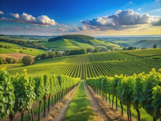 Fototapeta premium Rolling hills of lush green vineyards stretch towards the horizon, rows of grapevines heavy with ripe fruit, beneath a clear blue summer sky.