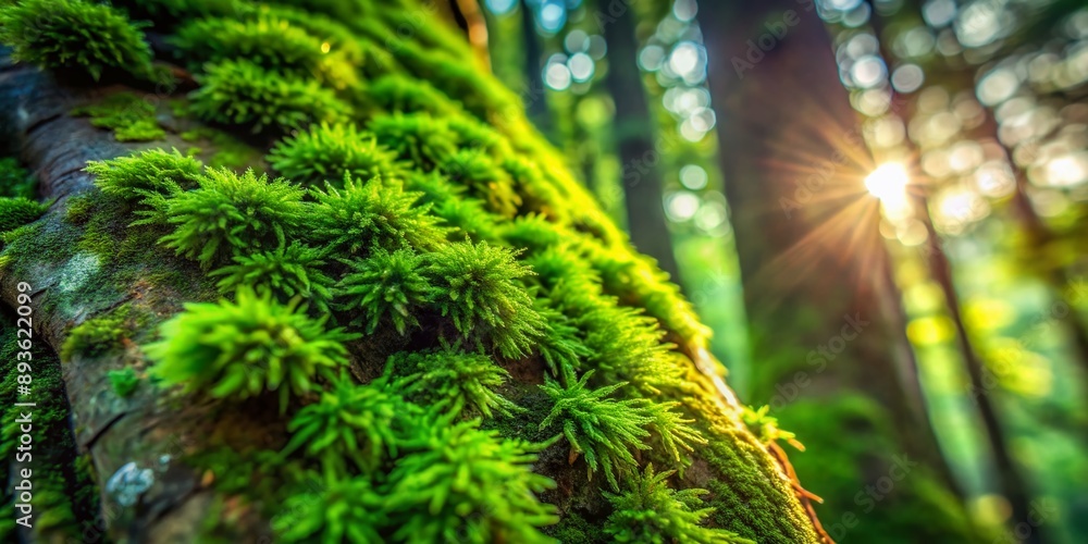 Poster vibrant green moss with intricate patterns grows on a tree trunk, showcasing its detailed texture in