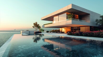 Modern Home Overlooking Ocean at Sunset