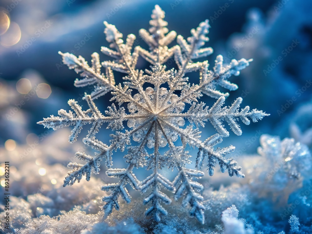 Poster intricately detailed snowflake texture, delicate and fragile, with lace-like patterns and feathery e