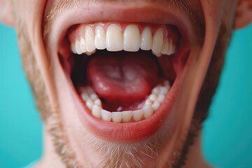 Closeup men smile and showing white tooth with empty background. Dentist care concept.
