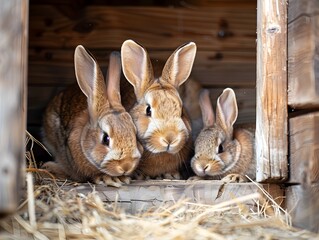 Obraz premium A Cozy Family of Rabbits in a Spacious Outdoor Hutch Illustrating Humane Animal Husbandry Practices