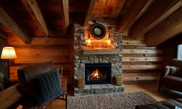 Film the cozy ambiance of a log cabin interior, with exposed wooden beams, stone fireplace, and rustic furnishings that offer a warm retreat in natural 4K detail.