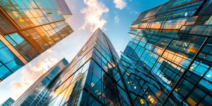A modern office building with glass facades and corporate logos, symbolizing commercial real estate