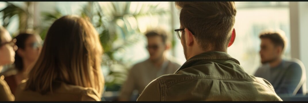 A group of people sitting in a circle, listening to one person speaking with a blurred background back view of an individual facing away from the camera Generative AI