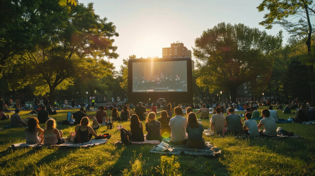 People gathered on a grassy field watching a movie on a large outdoor screen at sunset in a park.