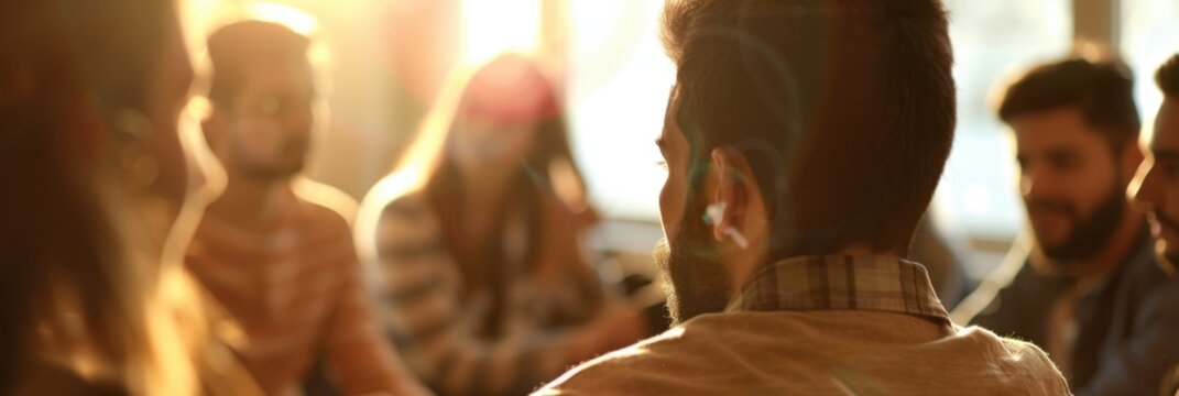 A group of people sitting in a circle, listening to one person speaking with a blurred background back view of an individual facing away from the camera Generative AI