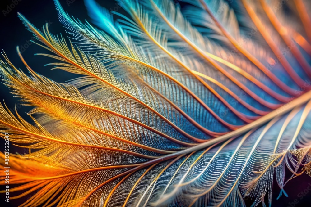 Poster intimate portrait of delicate bird feather barbules, showcasing intricate branching patterns, soft p