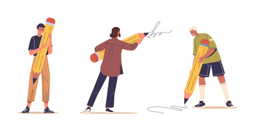 People Using Giant Pencils. Each Character Holds The Pencil Differently, Showing Creativity And Teamwork Concept