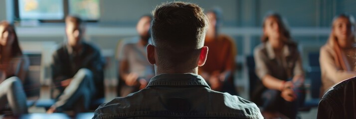A group of people sat in a circle facing away from the camera with their backs to the lens, engaged and focused on an interactive workshop or meeting Generative AI