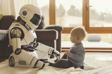 Humanoid robot taking care of a kid at home