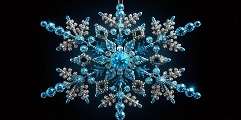 Delicate, intricately designed blue snowflake composed of sparkling diamonds, suspended in mid-air against a stark black background, radiating luxurious elegance and sophistication.
