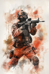 Vertical illustration of a first person shooter game main character holding weapon with water color decoration