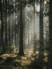 Fototapeta premium Dense forest with rays of sunlight filtering through the trees