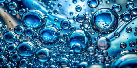 Detail of water bubbles in blue liquid.
